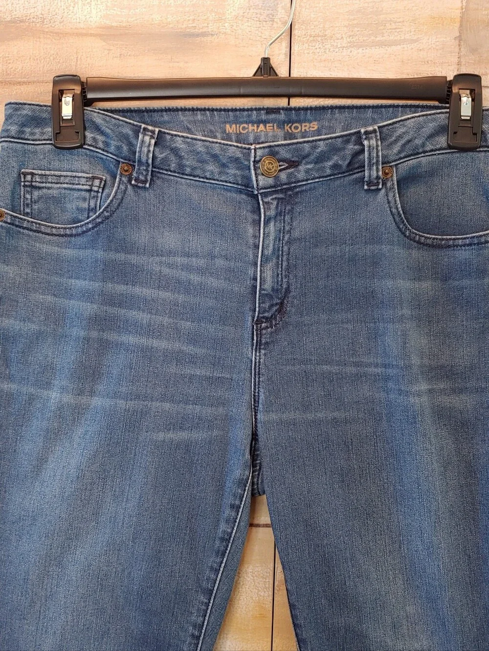 MICHAEL KORS Jeans logo Women IZZY Skinny Mid Rise Dark Wash Raw Hem sz 8 Y2K
